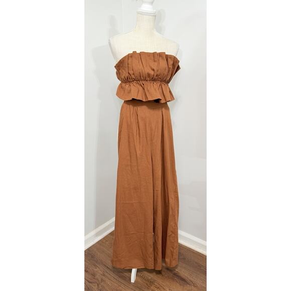 ASTR the Label Ruffle Bodice Tie Back Strapless Cotton Linen Jumpsuit Brown XS - Picture 1 of 2